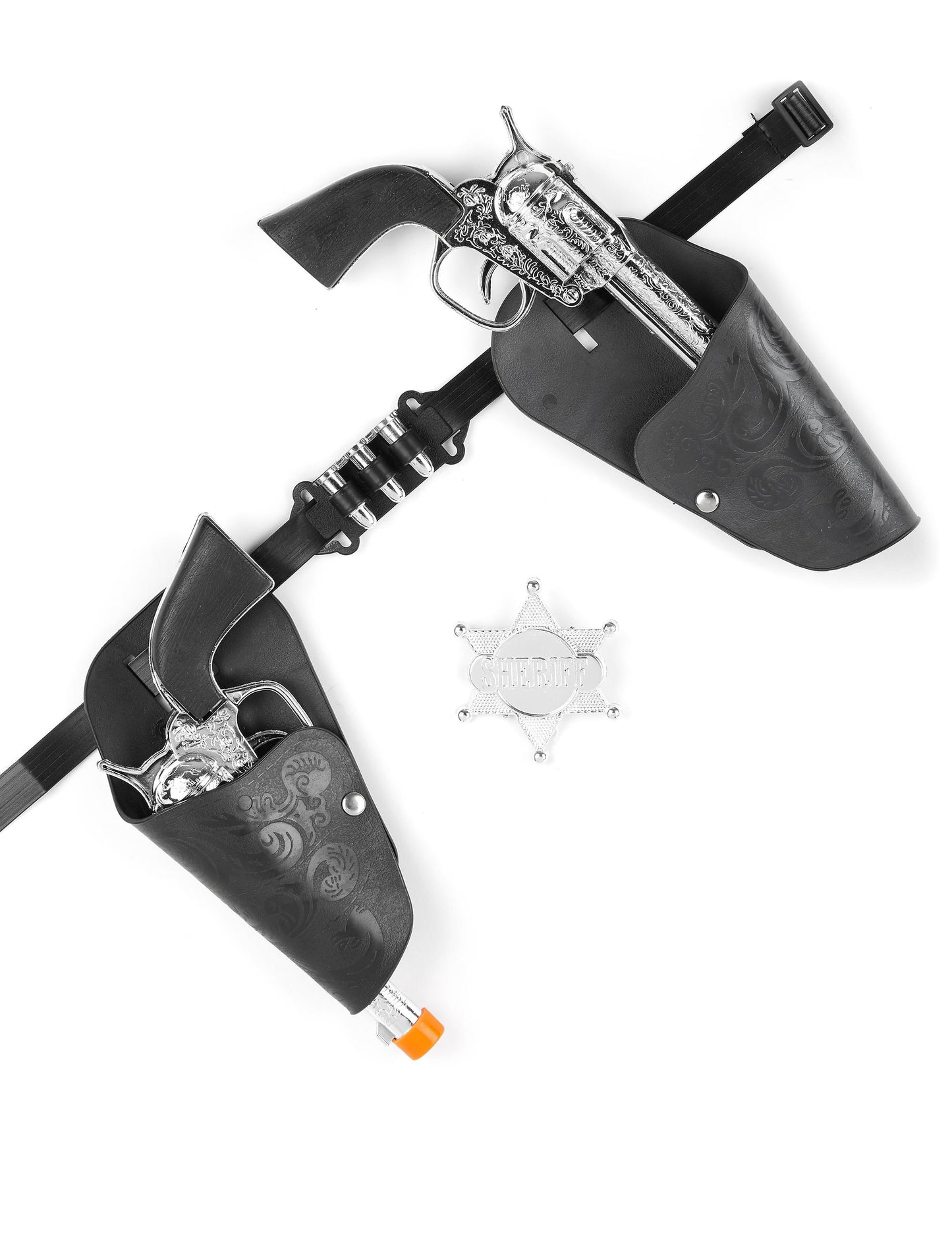 Set de revolvers cowboy pour enfant noir et argent avec ceinture et étoile de shérif