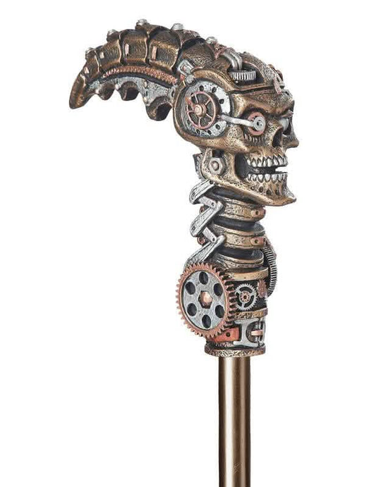 Détail du pommeau tête de mort mécanique de la canne Steampunk