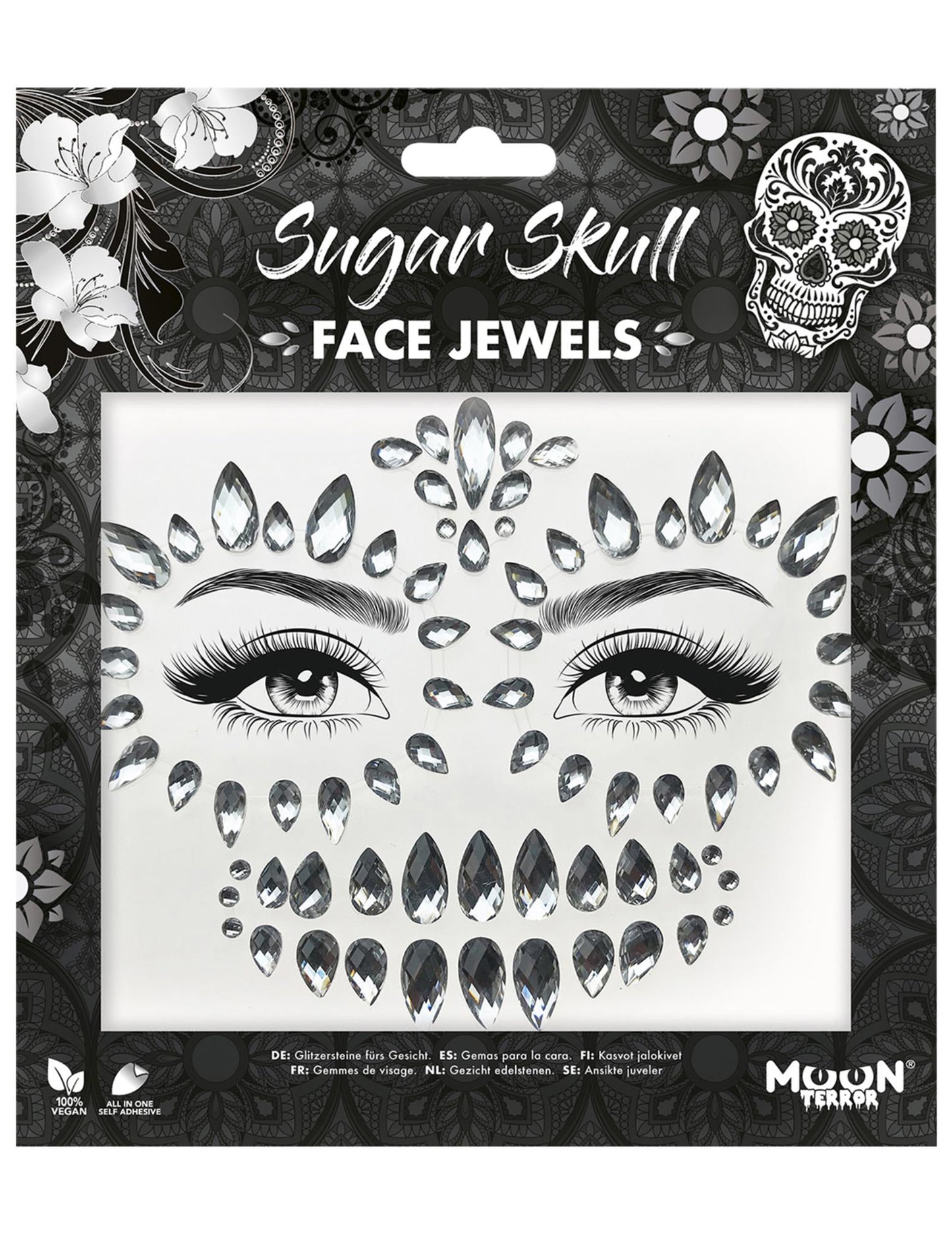 Détail de l'emballage des strass adhésifs pour visage squelette