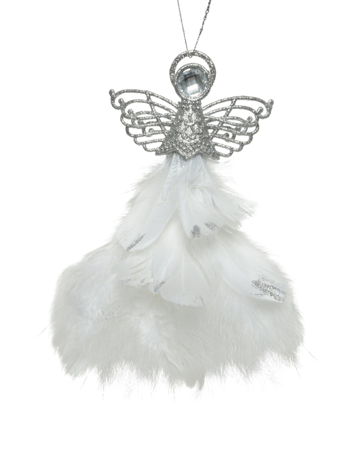 Suspension ange argenté et plumes blanches