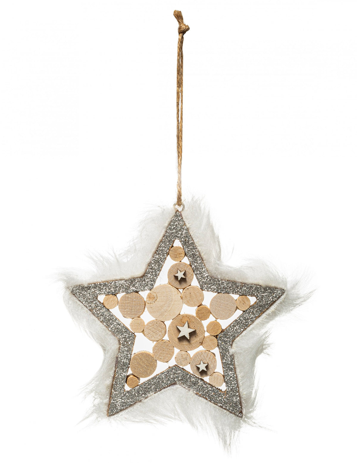 Suspension étoile en bois et argent pour sapin avec bordure en fourrure blanche