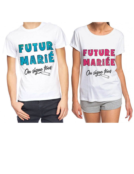 Versions Futur Marié et Future Mariée du T-shirt Enterrement de vie de garçon
