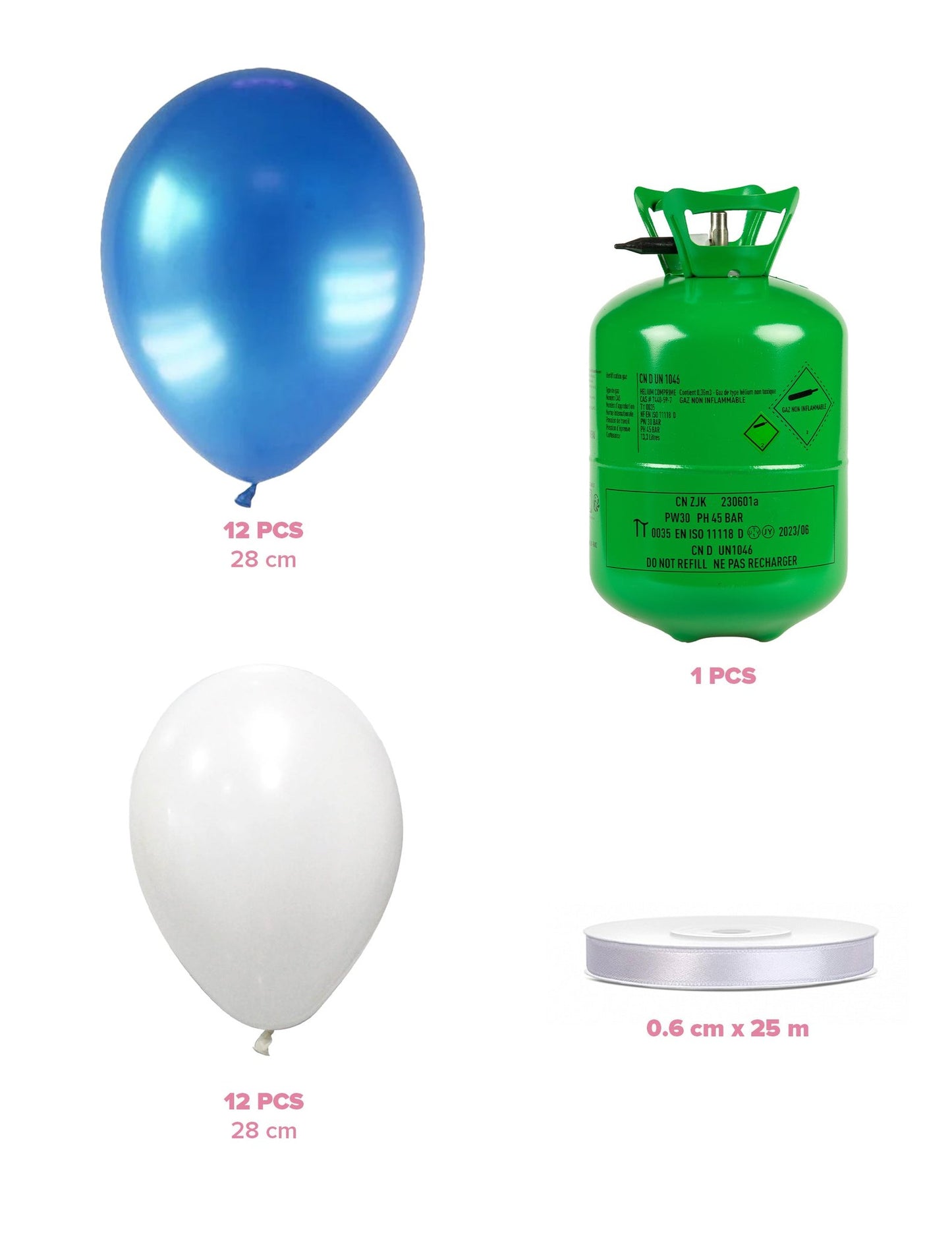 Kit bouteille d'hélium avec 12 ballons blancs 12 ballons bleus et ruban