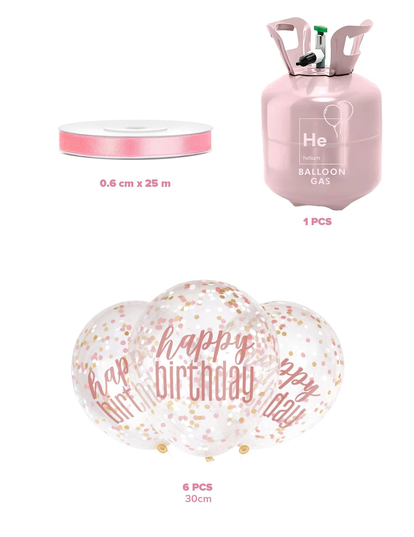 Kit bouteille d'hélium avec 6 ballons confettis Happy Birthday et ruban