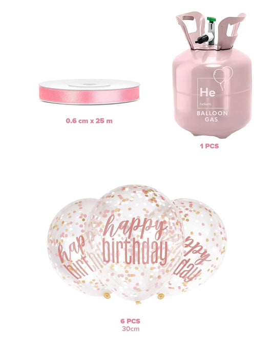 Комплект бутилка с хелий с 6 балона с конфети Happy Birthday и лента