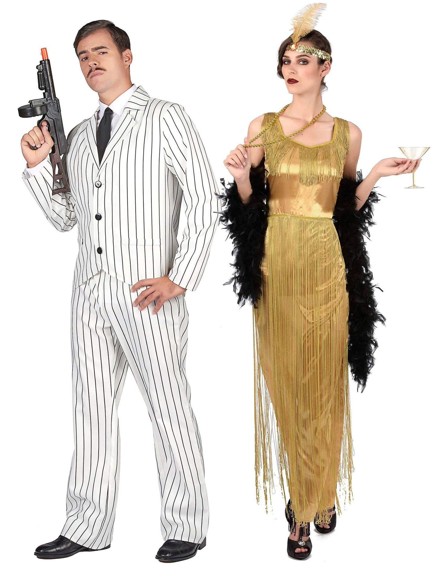 Déguisement de couple gangster blanc et charleston à franges adultes