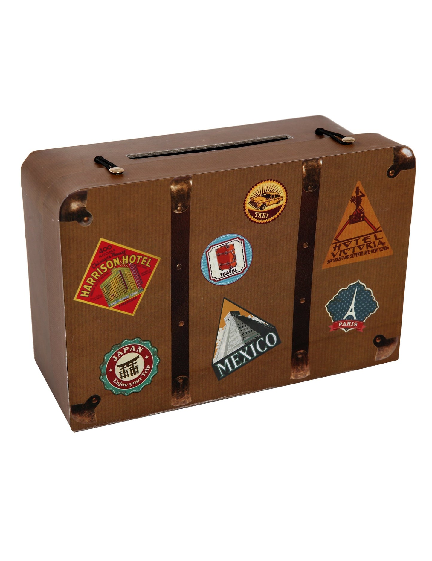 Tirelire urne en carton voyage valise vintage marron avec autocollants de voyage
