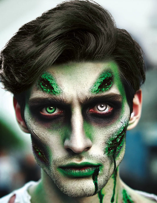 Rendu du maquillage sur le visage avec le tube de faux sang vert pour adulte 28 ml