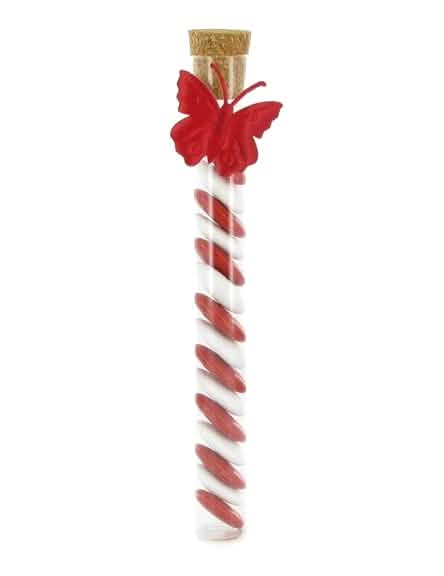 Détail du papillon rouge et des dragées du tube éprouvette en verre pour fête