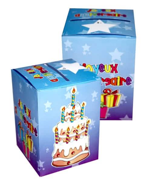 Urne Joyeux Anniversaire bleue avec décor gâteau et étoiles
