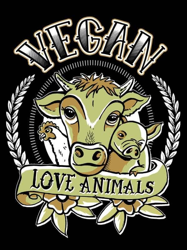 Крупен план на мотива на тениски Vegan Love Animals