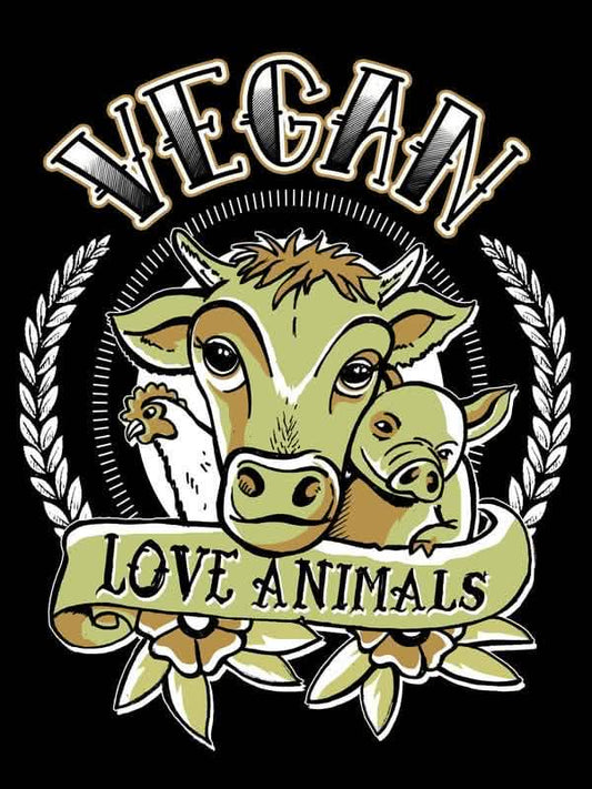 Gros plan sur le motif du T-shirt Vegan Love Animals