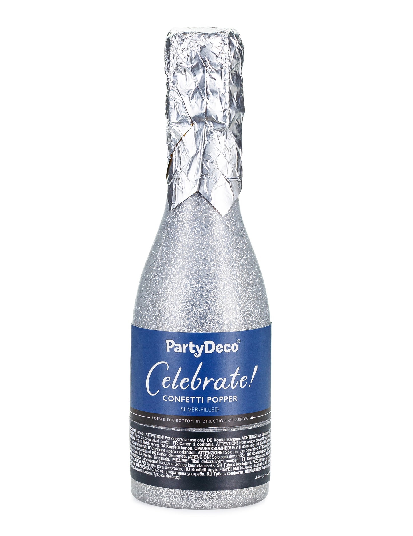 Конфети парти топ с шампанско от сребриста метализирана хартия 20,5 cm 