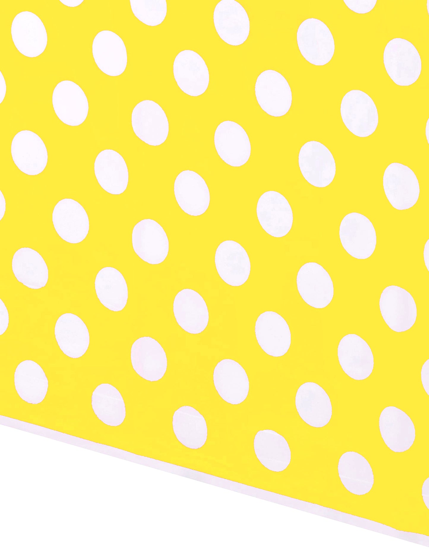 Détail des motifs de la nappe en plastique jaune à pois blancs pour fête
