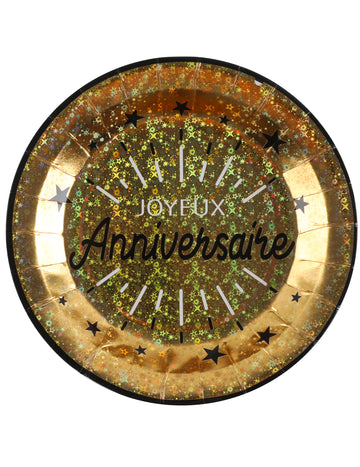 10 черни и златни картонени чинийки „Честит рожден ден“ 22,5 cm шик металик