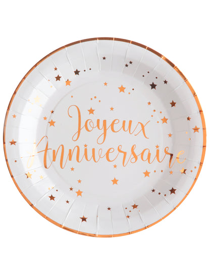 Assiettes en carton Joyeux Anniversaire blanches et rose gold à étoiles