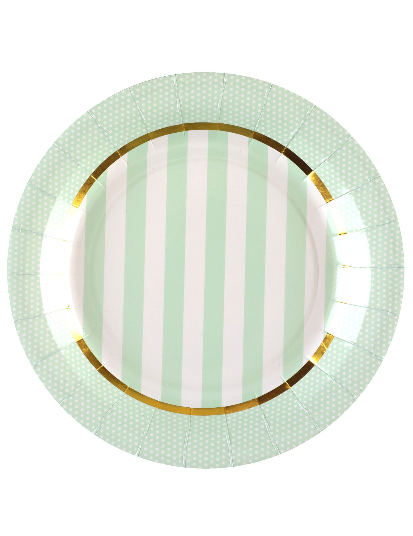 Assiettes en carton baby shower menthe à rayures et pois avec bordure dorée