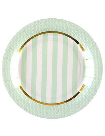 Assiettes en carton baby shower menthe à rayures et pois avec bordure dorée