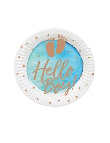 10 сини и златни картонени чинийки Hello Boy 23 cm бебешки душ