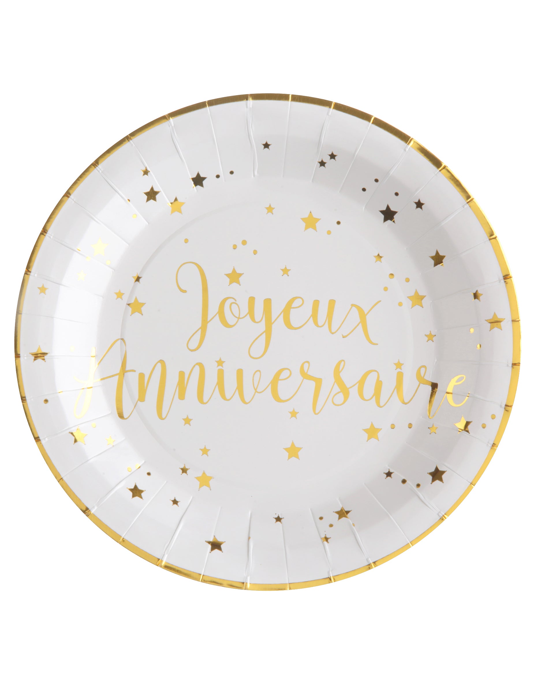 Assiettes en carton Joyeux Anniversaire pour fête blanc et doré avec étoiles