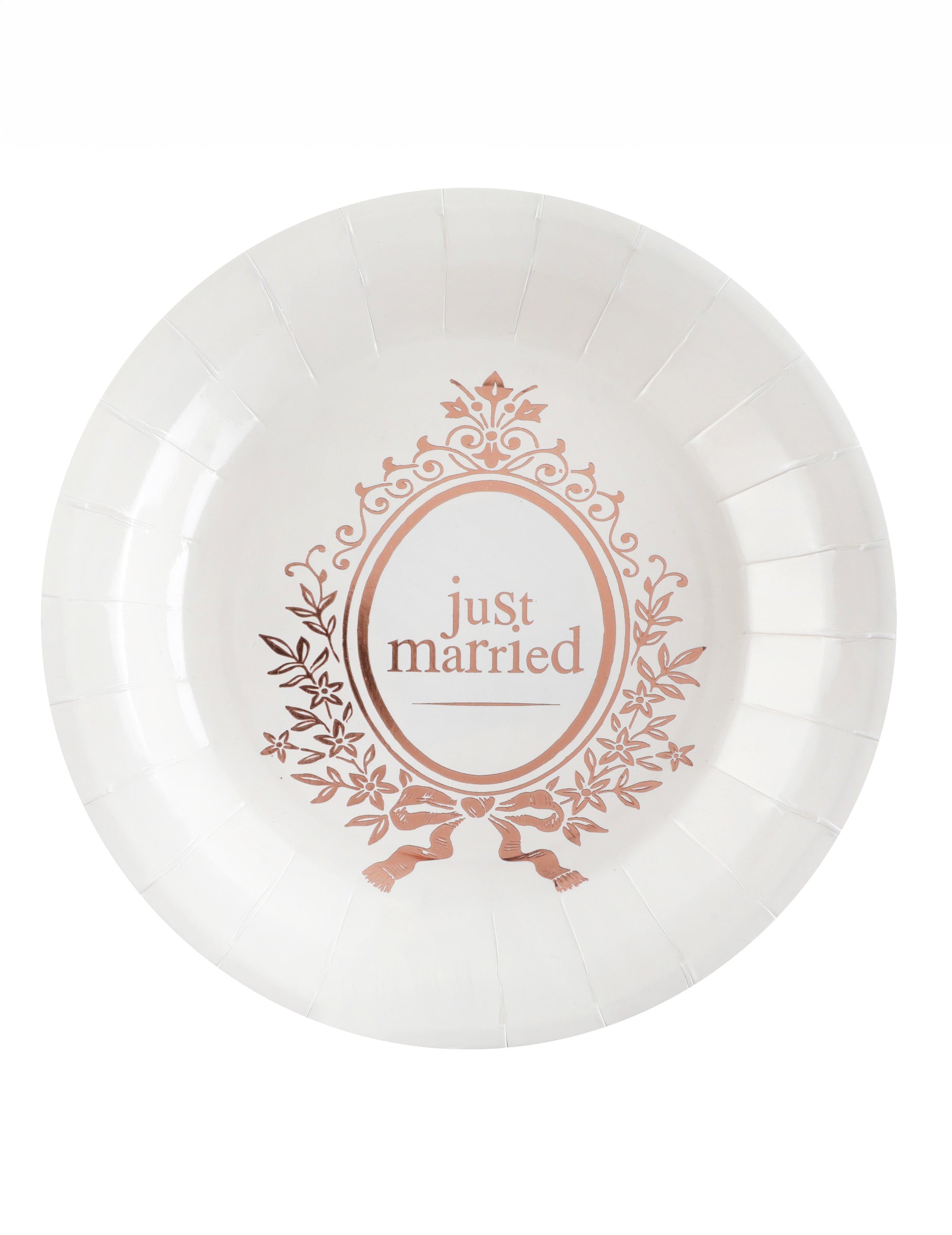Assiettes en carton Just Married pour mariage chic blanches et rose gold