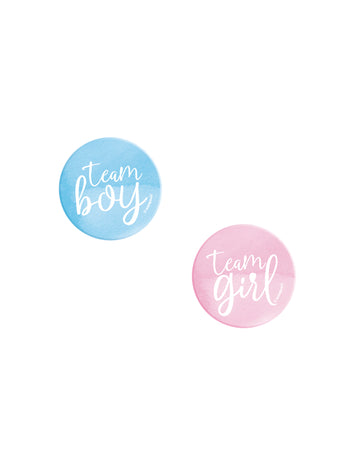 Badges team boy / team girl pour gender reveal rose et bleu