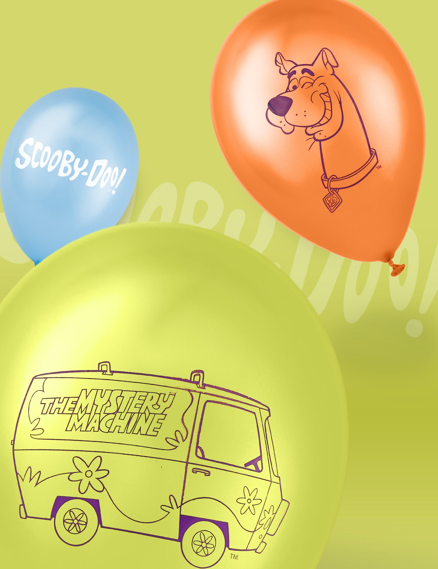 Gros plan sur les motifs des 10 ballons latex Scooby-Doo