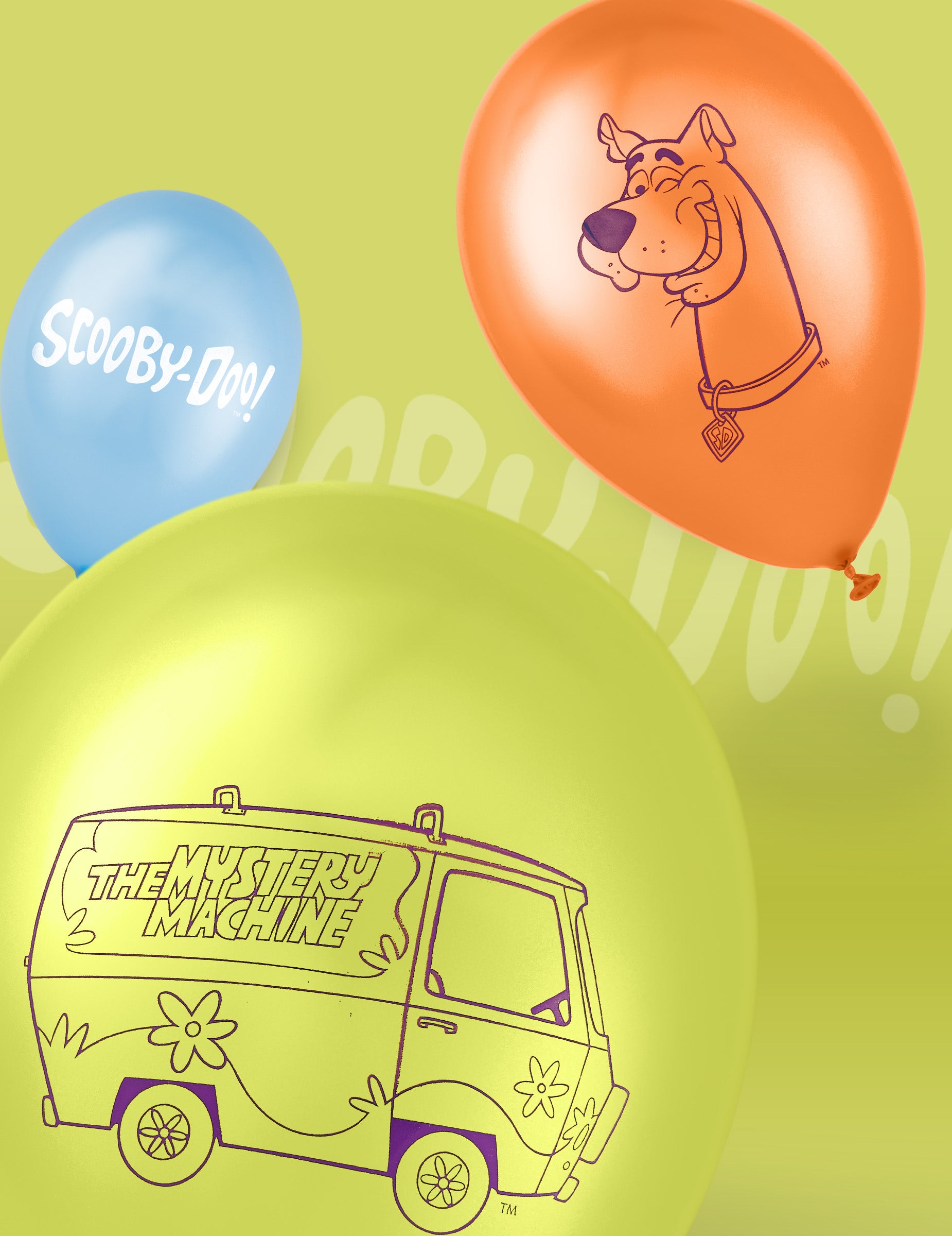 Gros plan sur les motifs des 10 ballons latex Scooby-Doo