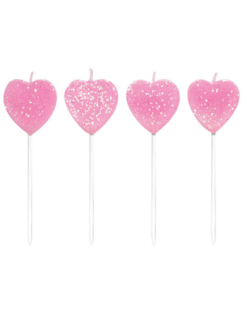 10 розови сърцевидни свещички на клечки 7 cm с брокат 
