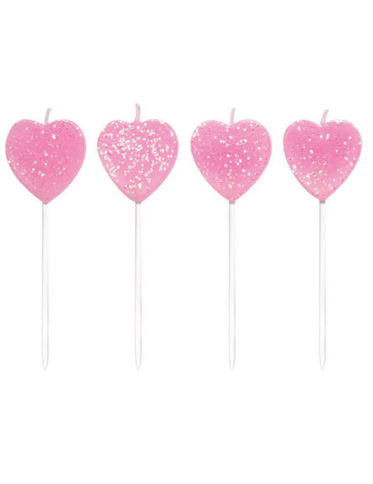 Bougies sur pics cœurs pour fête roses à paillettes