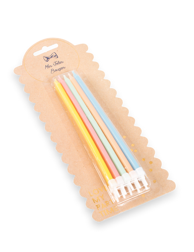10 grandes bougies d'anniversaire pastel multicolores avec bobèches