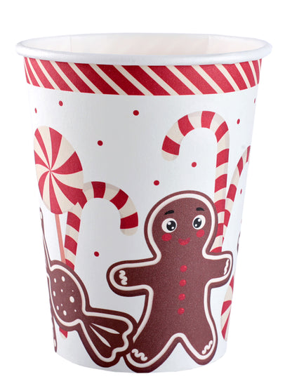 Gobelets en carton gourmandises de Noël pour fête blanc avec bonhomme de pain d'épices et sucres d'orge