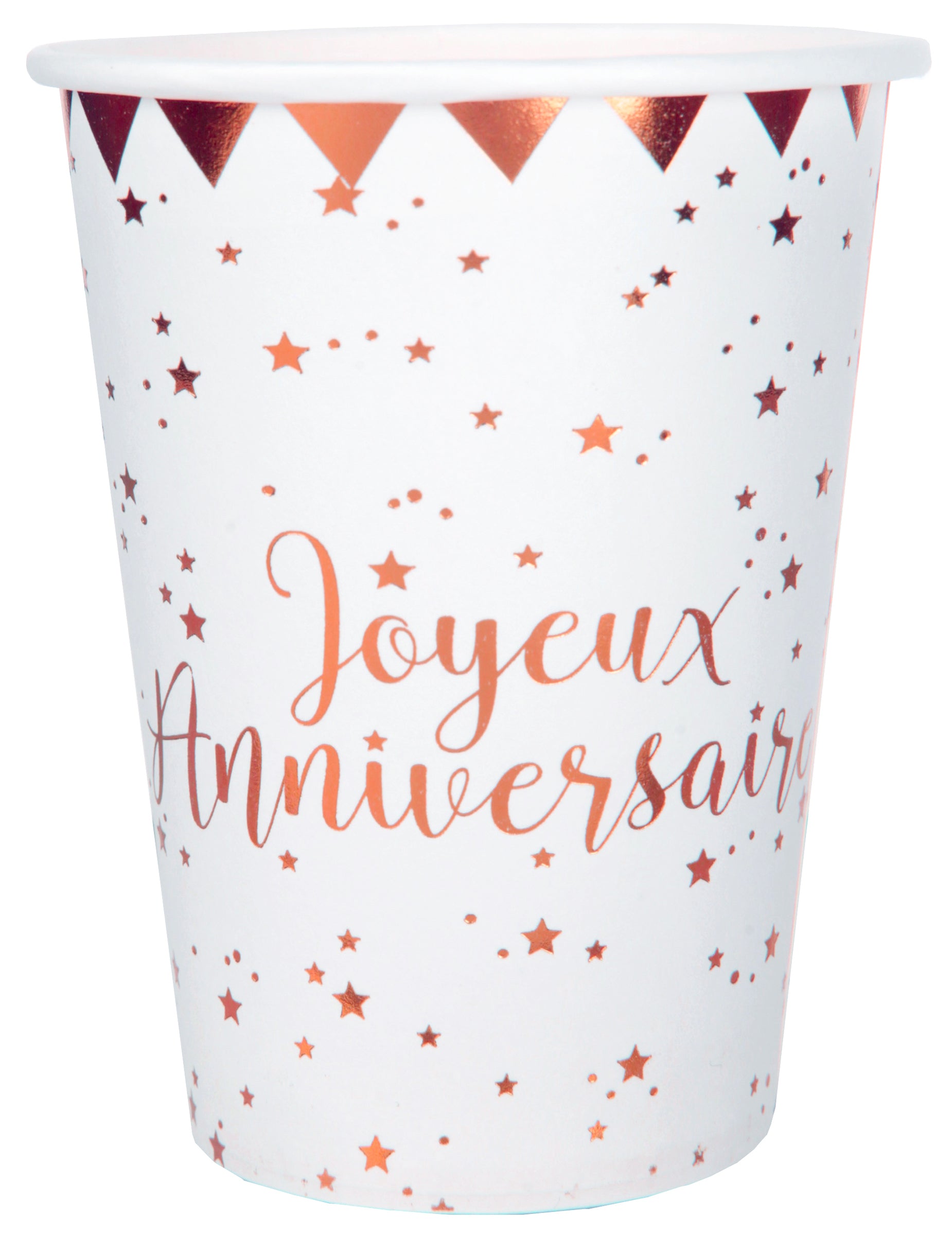 Gobelet en carton Joyeux anniversaire pour fête rose gold à étoiles