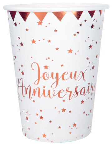 10 розово-златни картонени чаши за честит рожден ден със звезди