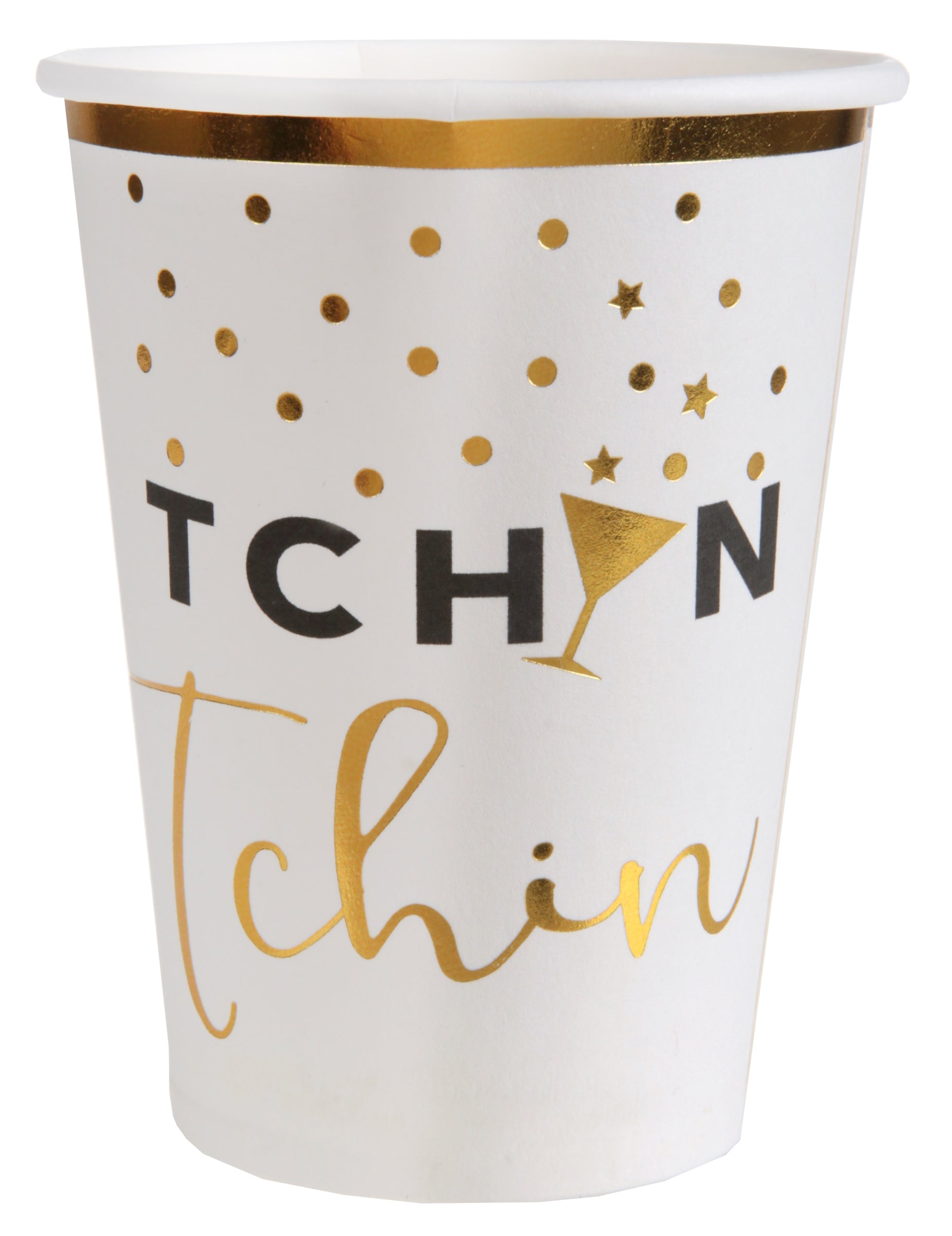 Gobelets en carton tchin tchin pour fête blanc et doré