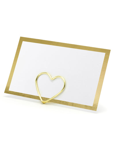 Marque-place à bordure dorée blanc et or avec support en forme de coeur doré