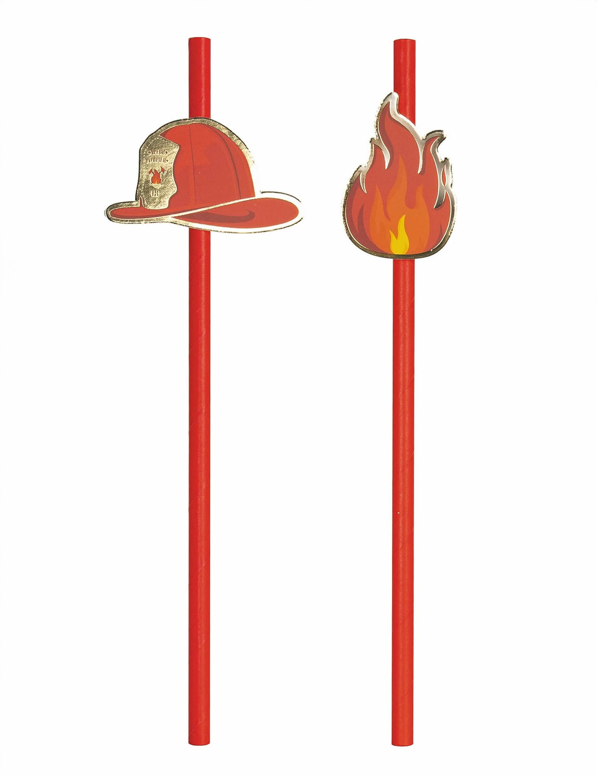 Pailles en carton Pompier rouges avec médaillons casque et flamme