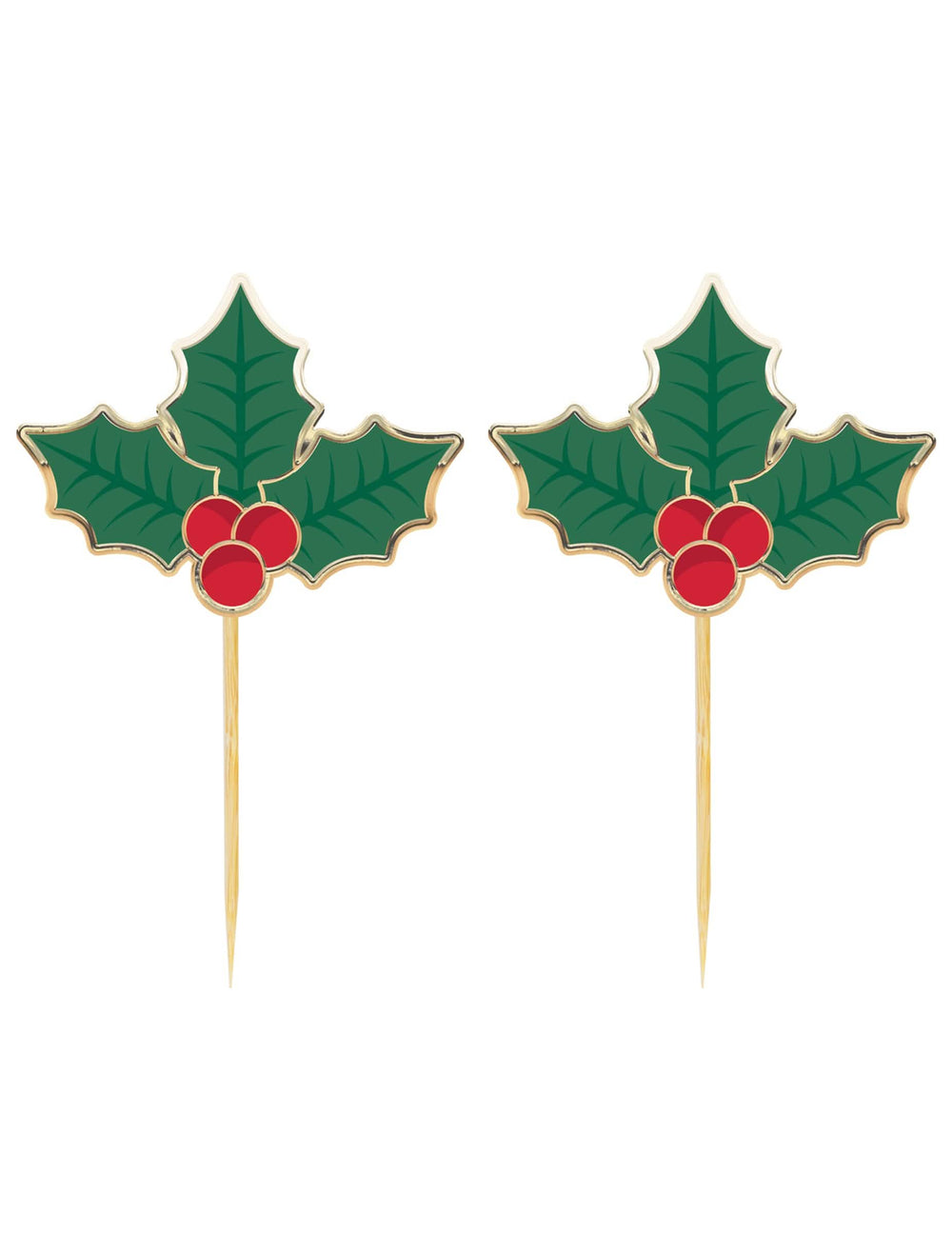 Pics à cocktail houx de Noël pour fête vert et rouge en bois