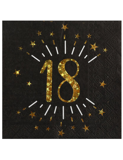 Serviettes papier joyeux anniversaire 18 pour fête noir et or avec étoiles dorées