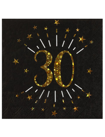 10 черни и златни хартиени салфетки "Честит рожден ден 30" със звезди