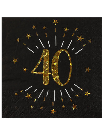 Serviettes papier joyeux anniversaire 40 pour fête noir et or avec étoiles dorées