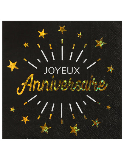 10 черни и златни хартиени салфетки „Честит рожден ден“, 33 x 33 cm със звезди