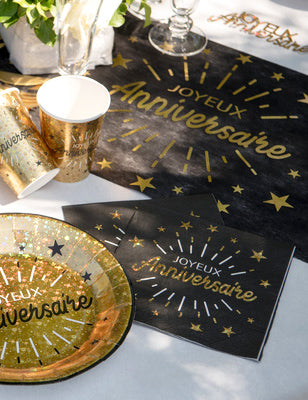 10 черни и златни хартиени салфетки „Честит рожден ден“, 33 x 33 cm със звезди