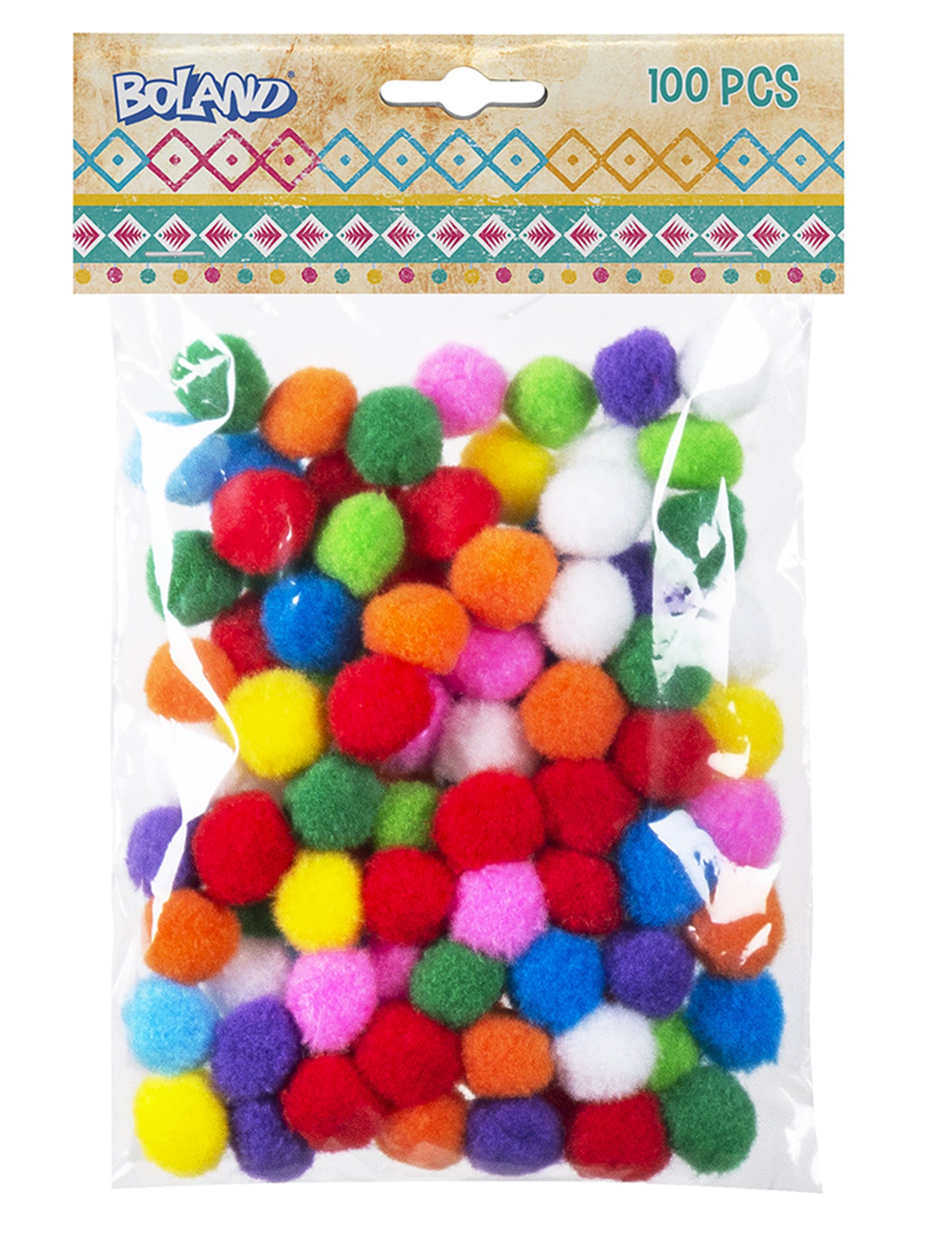 Vue de l'emballage des pompons pour décoration de fête multicolores