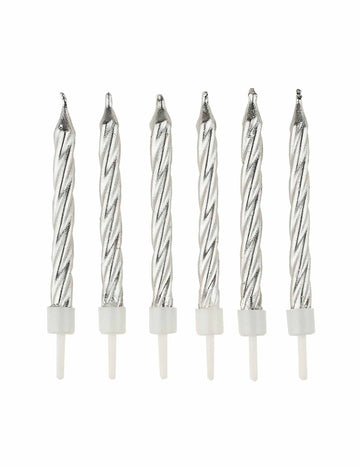 12 сребристи свещички за рожден ден с поставки 6.5 cm 