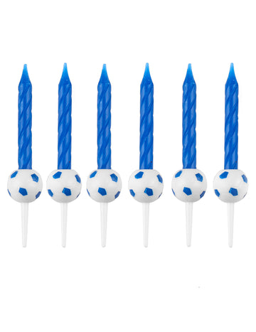Bougies d'anniversaire football pour enfant bleues avec supports ballons