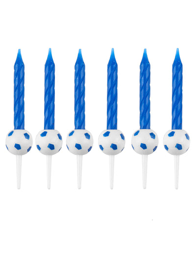 Bougies d'anniversaire football pour enfant bleues avec supports ballons