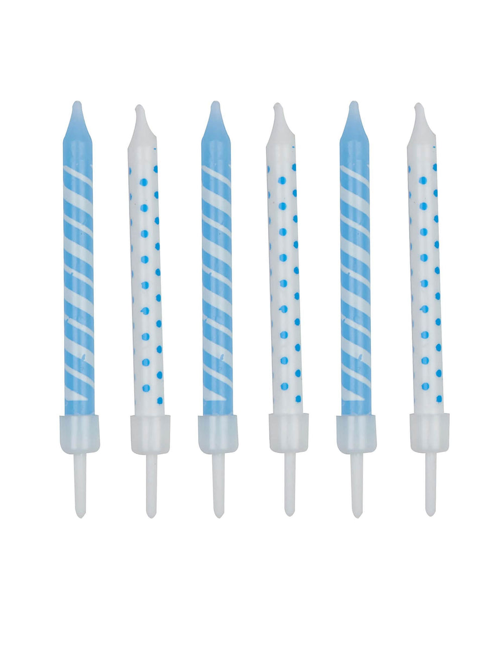 Bougies d'anniversaire rayées et à pois blanc et bleu ciel avec supports en lot de 12