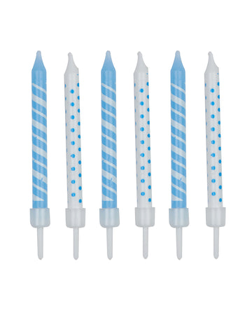 Bougies d'anniversaire rayées et à pois blanc et bleu ciel avec supports en lot de 12