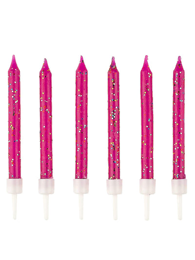 Bougies d'anniversaire rose fuchsia à paillettes avec socles
